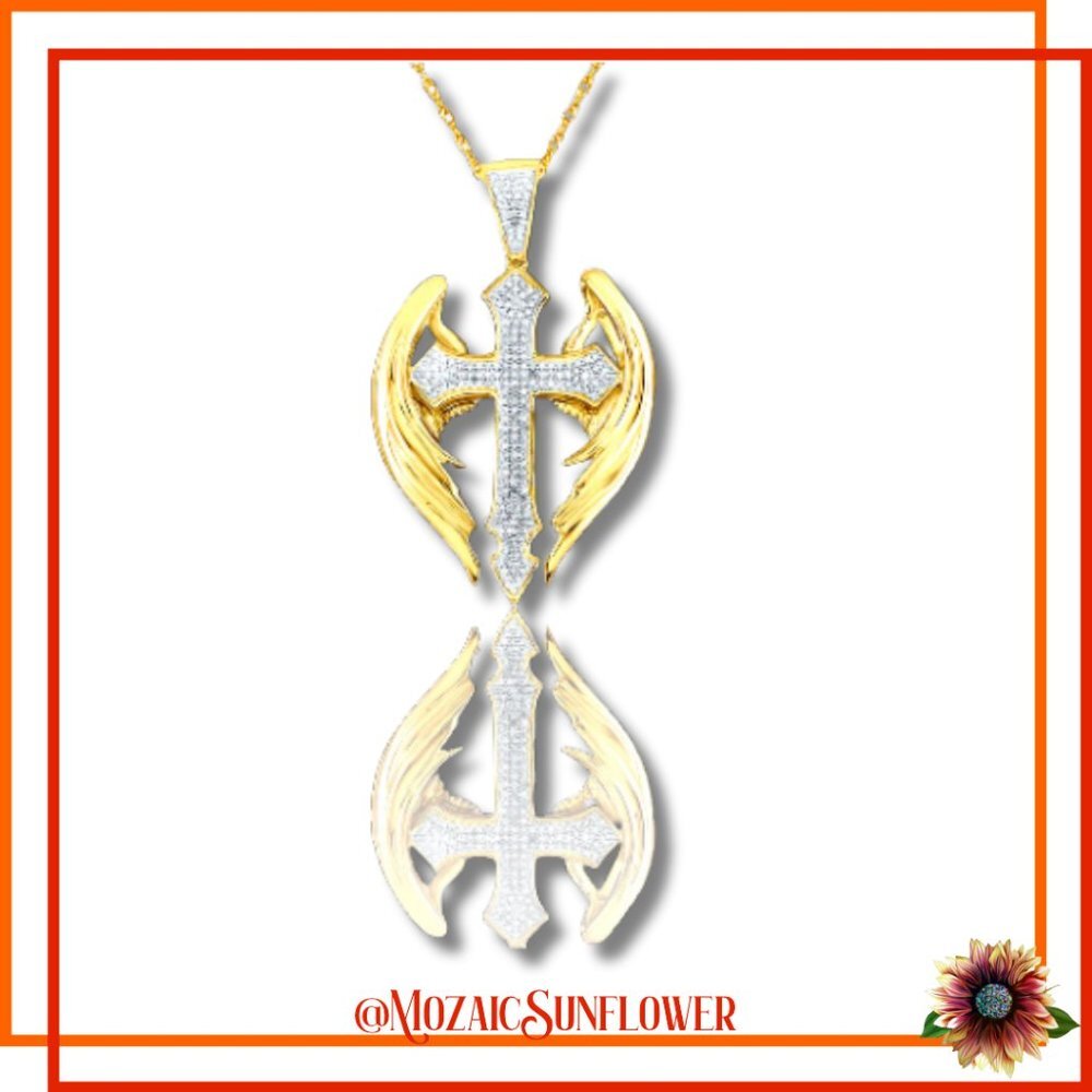 Gothic Crystal Encrusted Cross Golden Angel Wings Necklace NWT